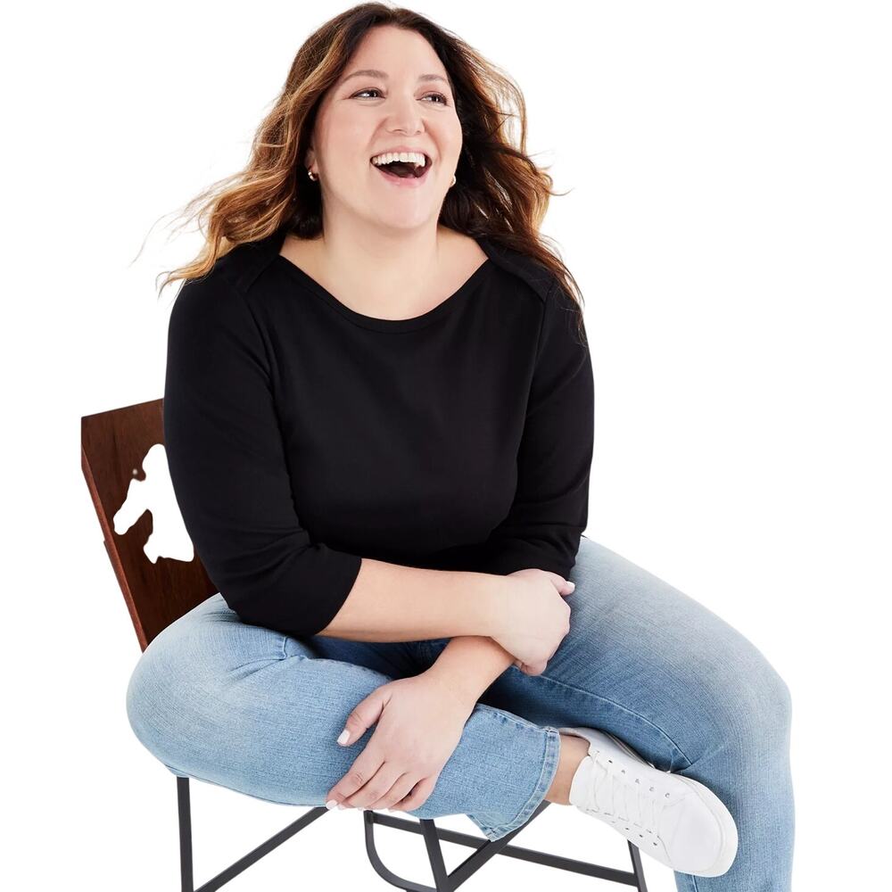 Style & Co. Plus Size Pima Cotton 3/4-Sleeve Top in Black